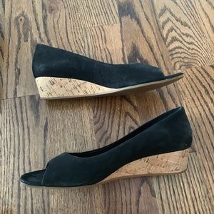 Cole Haan black suede/cork wedges